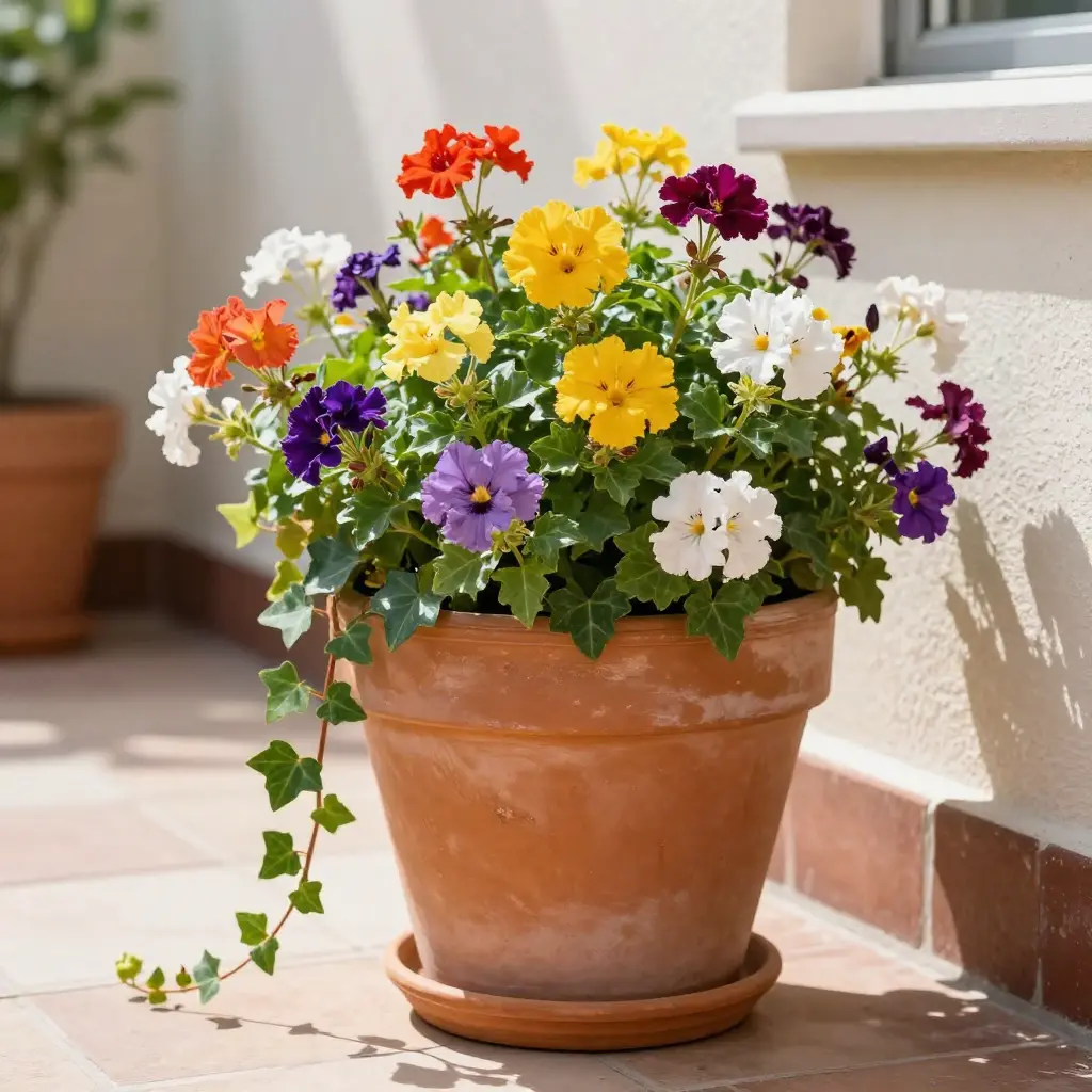 Beautiful terracotta pot with summer flowers on sunny terrace